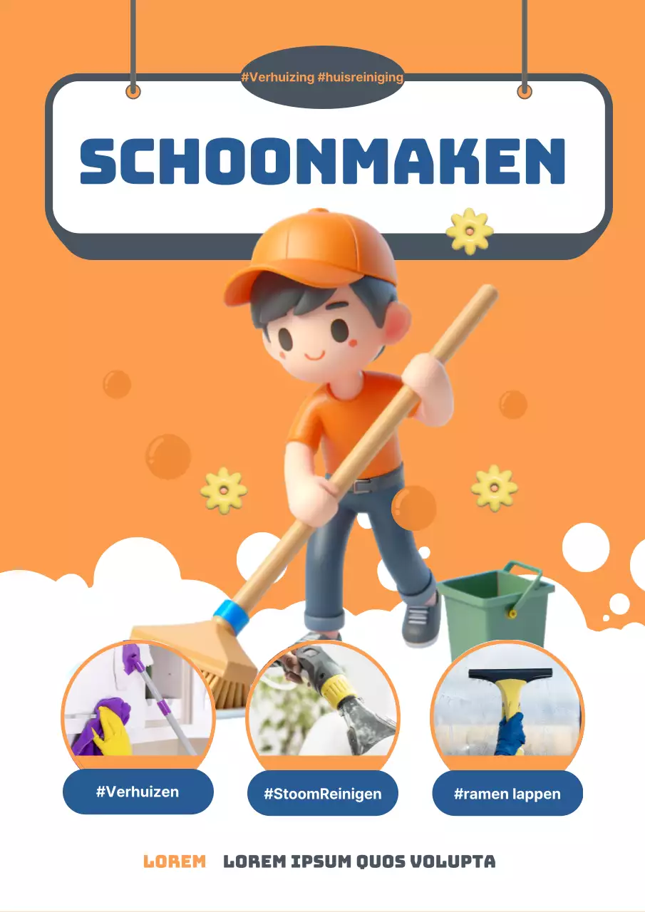 Een modern schoonmaakbedrijf in oranje en marineblauw.