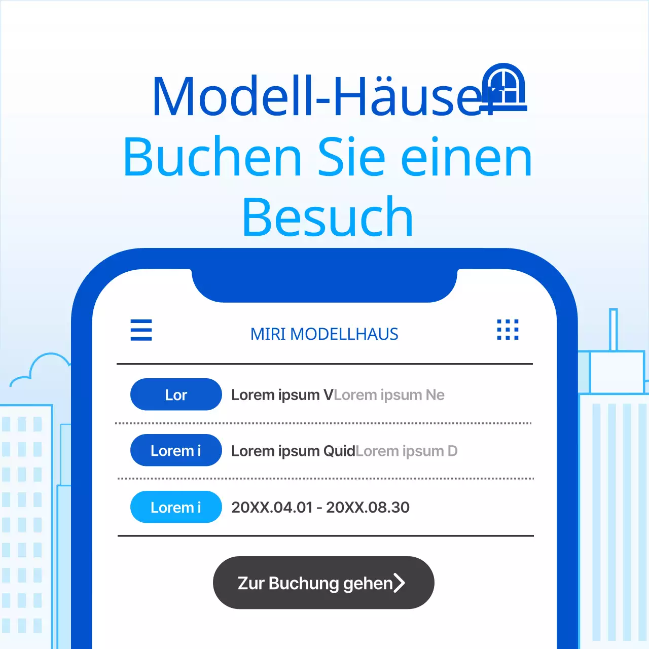 Förderung von Terminen zur Besichtigung des blauen und einfachen Musterhauses
