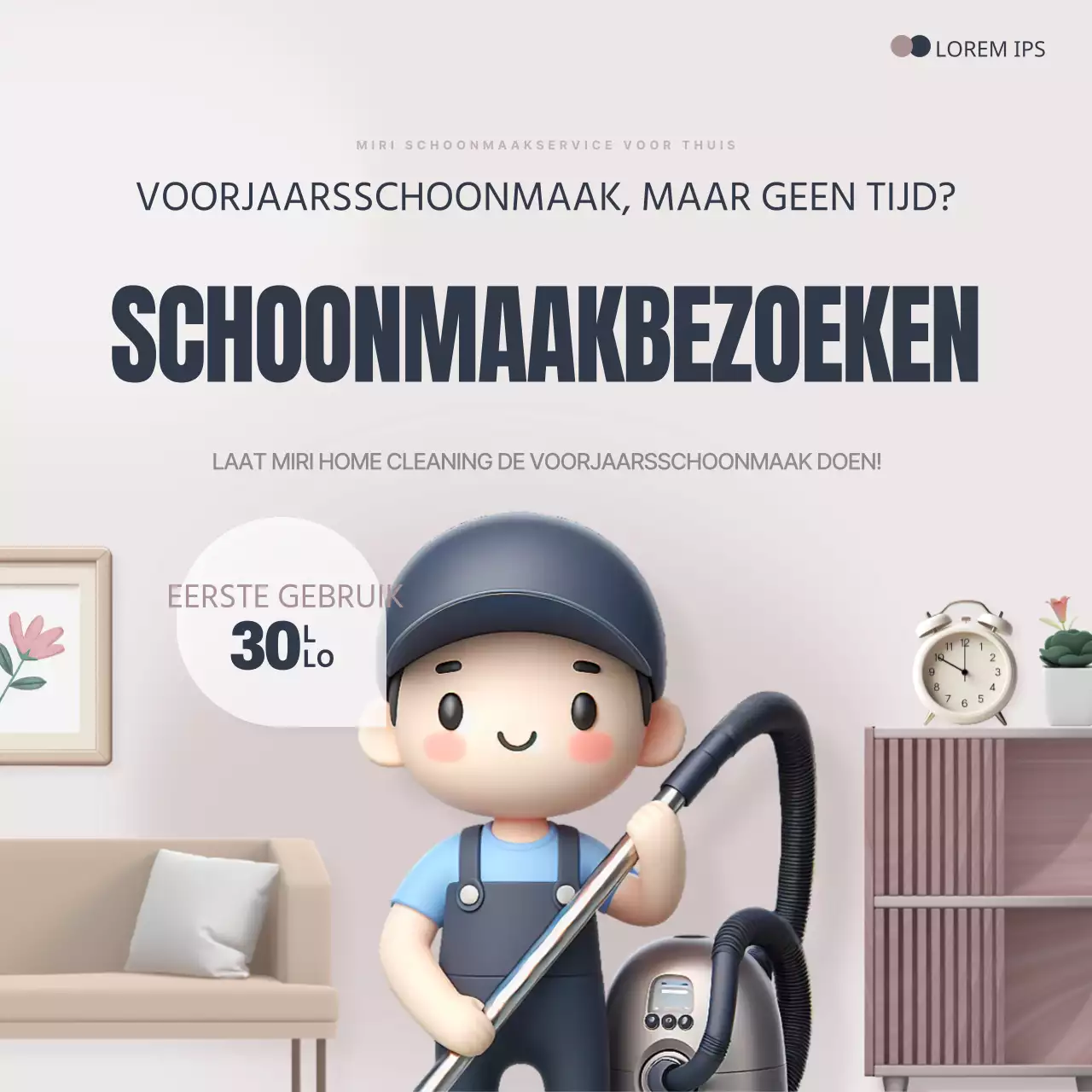 Een gezellige, marineblauw met bruine advertentie voor een huis-aan-huis schoonmaakdienst.