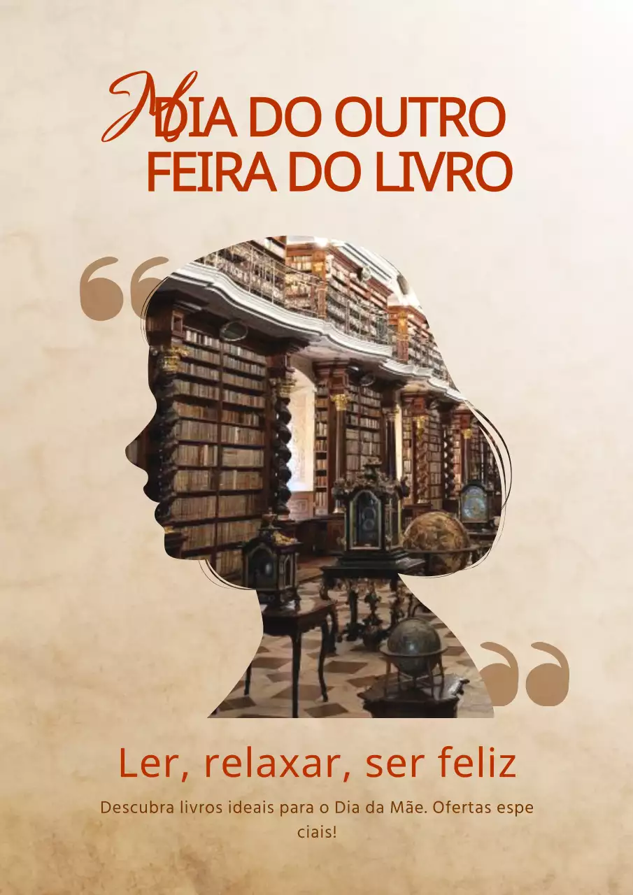 Materiais promocionais da feira do livro do Dia da Mãe em bege e vermelho clássico