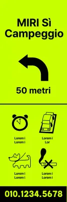 Le posizioni dei campeggi sono scritte in nero su sfondo fluorescente.