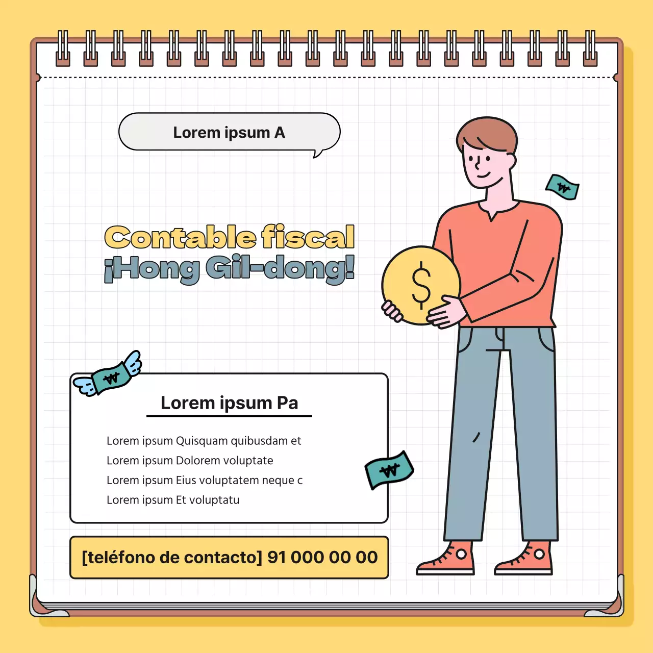 Información fiscal minimalista en amarillo y azul