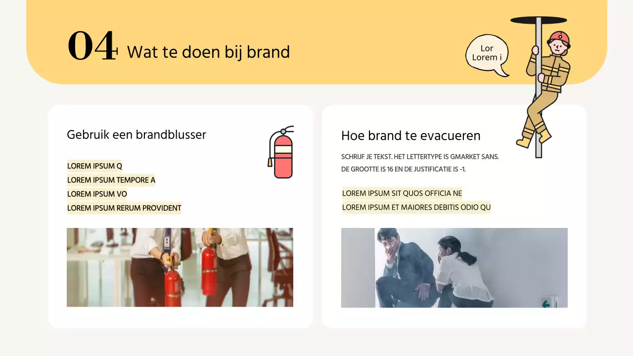 Eenvoudig, geel trainingsmateriaal voor brandveiligheid