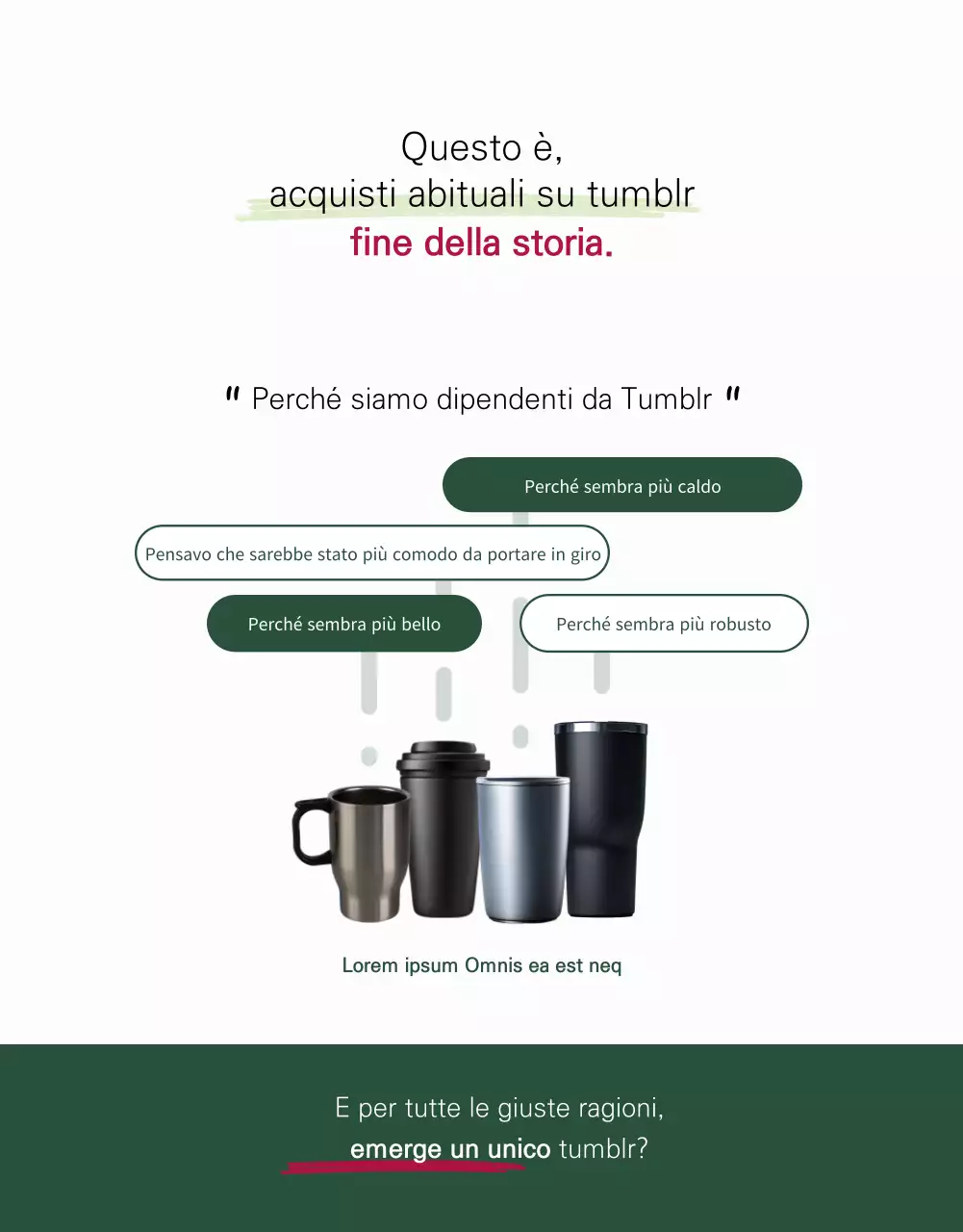 Una pubblicità minimalista dei nuovi arrivi di Tumblr in bianco e verde.