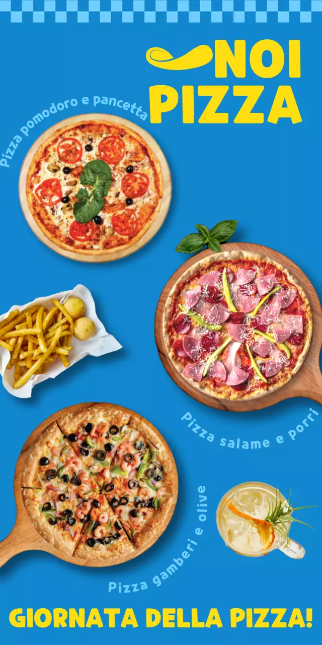 Cartellone pubblicitario per pizza blu e giallo