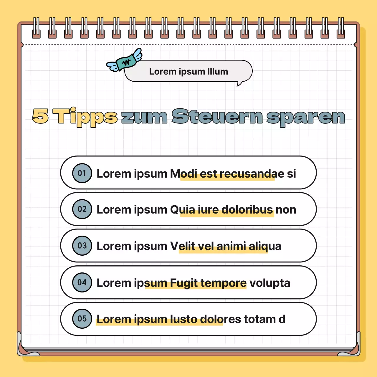 Minimalistische Steuerinformationen in Gelb und Blau