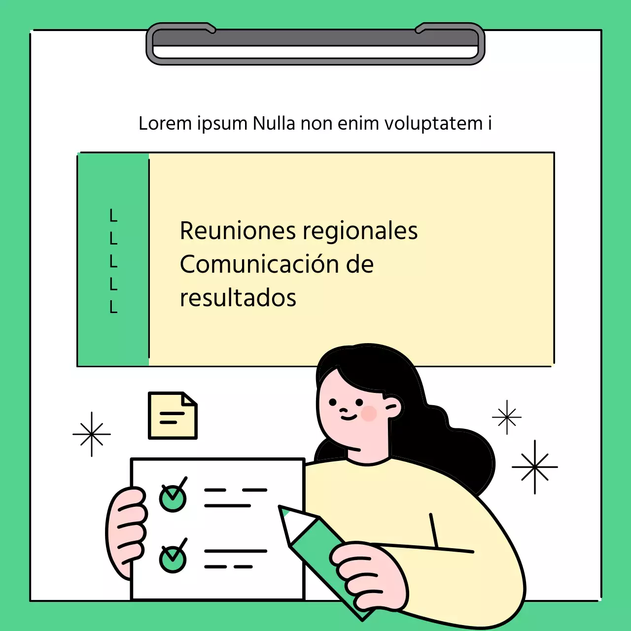 Un sencillo informe verde y amarillo de los resultados de la reunión regional