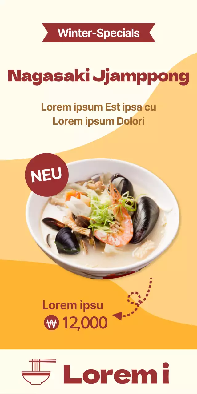 Einführung und Werbung für warme Wintergerichte mit orangefarbenem Hintergrund