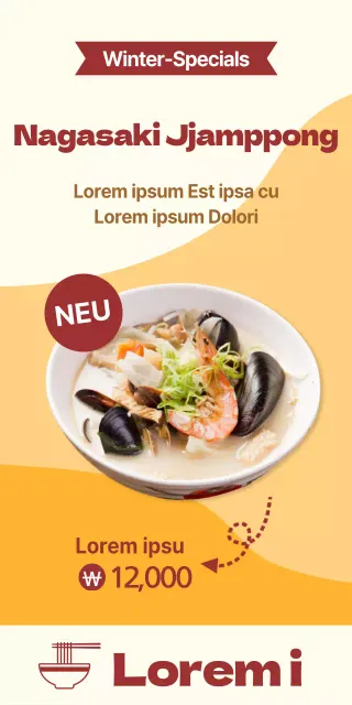 Einführung und Werbung für warme Wintergerichte mit orangefarbenem Hintergrund