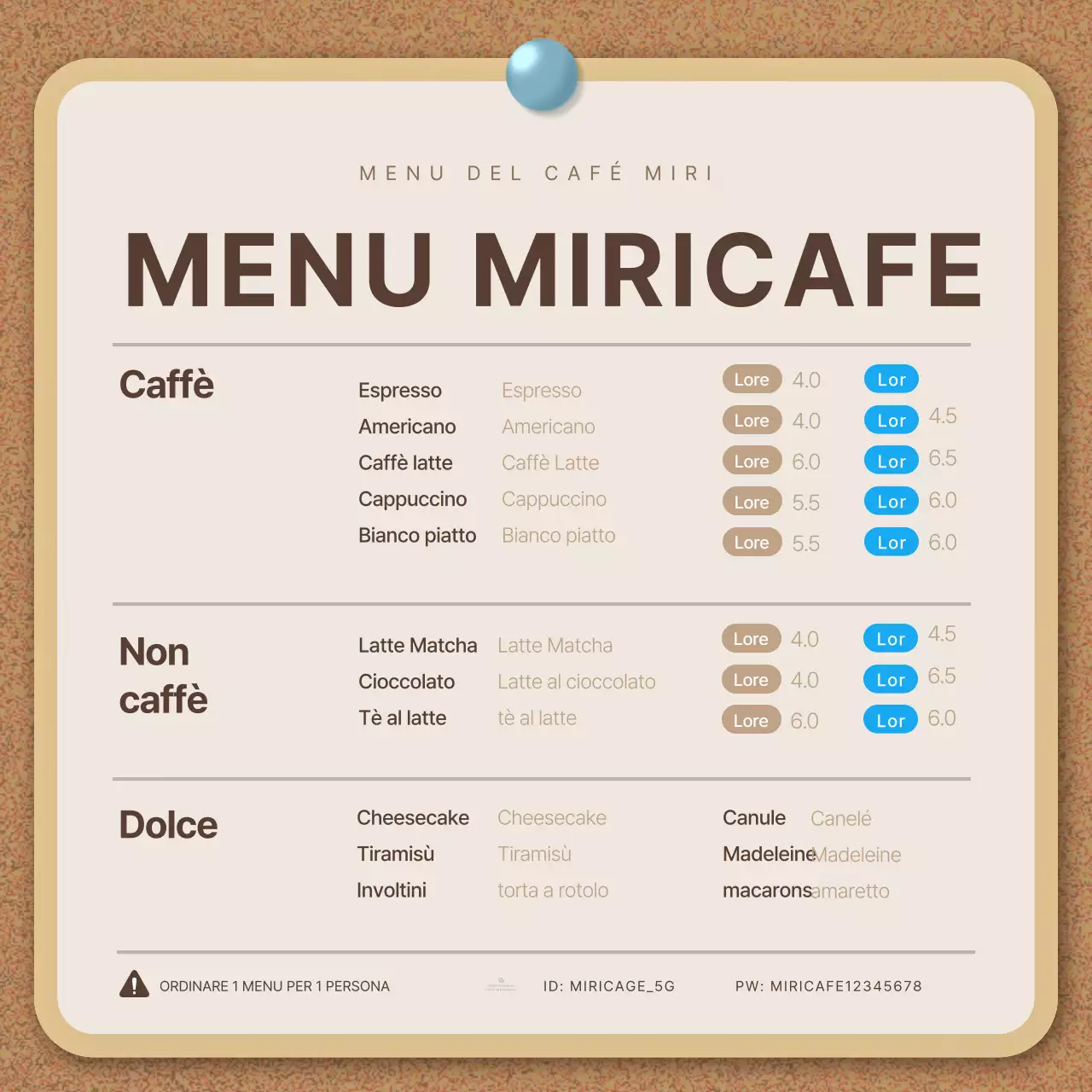 Una collezione di simpatici avvisi di caffè in beige e azzurro.