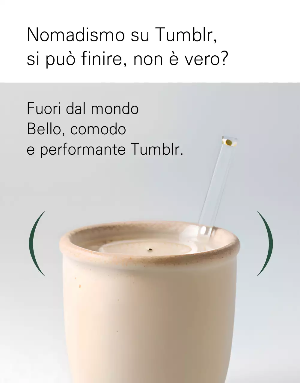 Una pubblicità minimalista dei nuovi arrivi di Tumblr in bianco e verde.