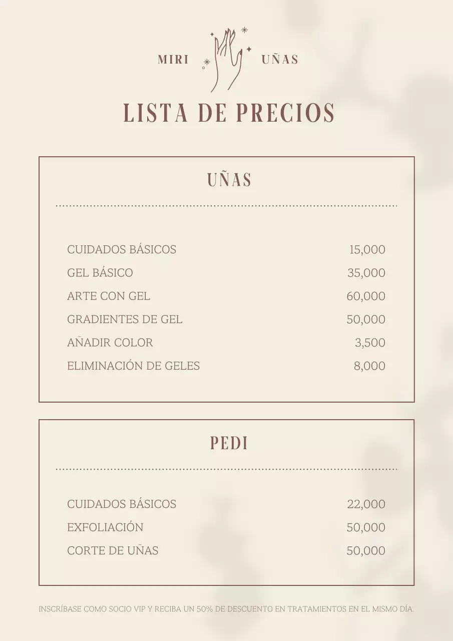 Precios para un salón de manicura minimalista con sombras vegetales marfil y marrón