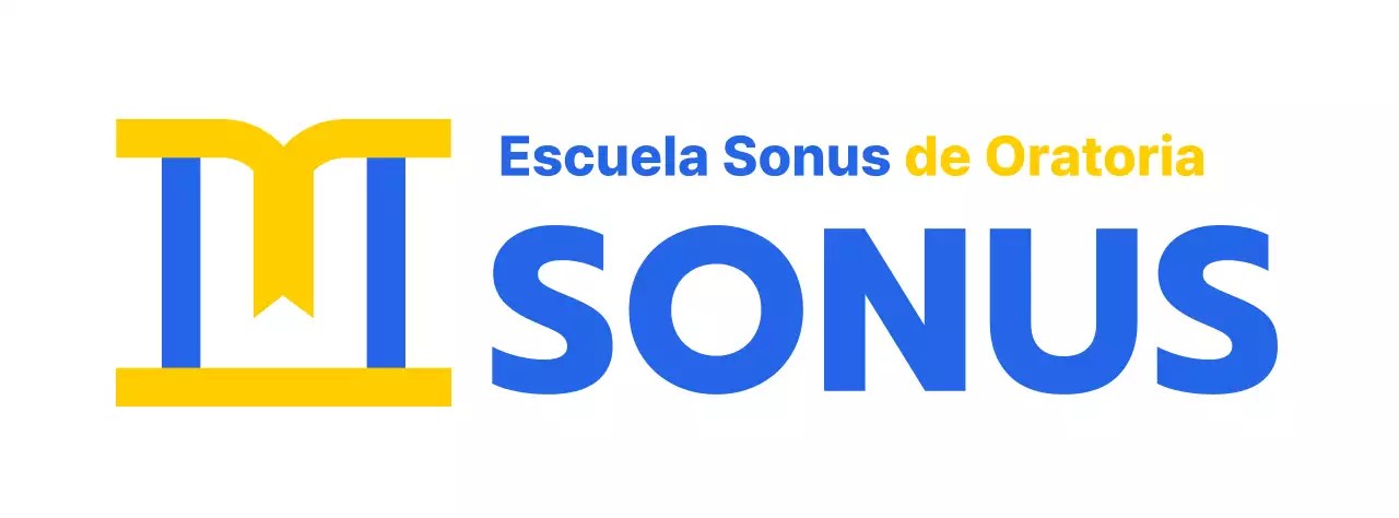 Diseño en color de una escuela de oratoria con un icono que representa un podio