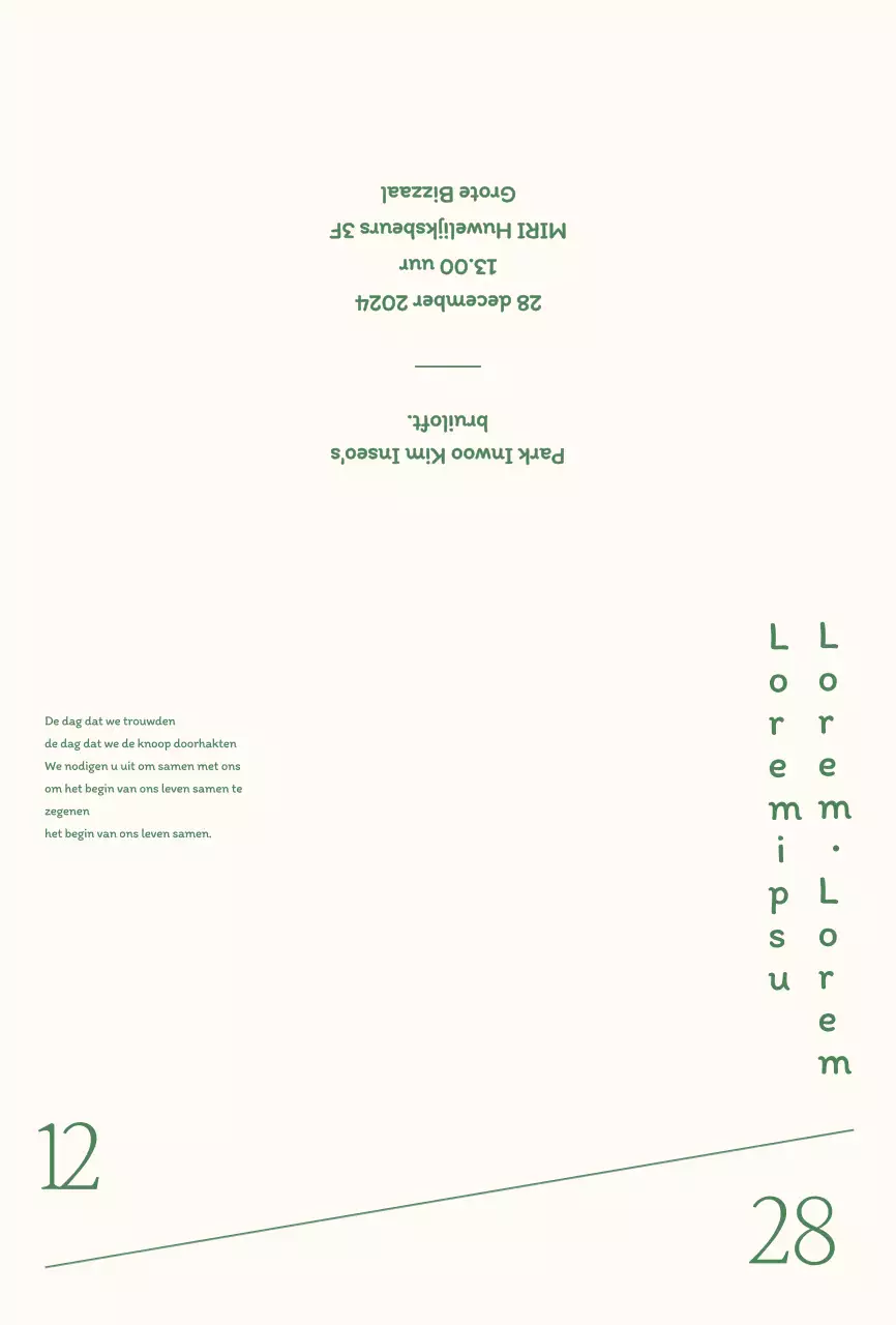 Groene uitnodiging met rustige, strakke typografie