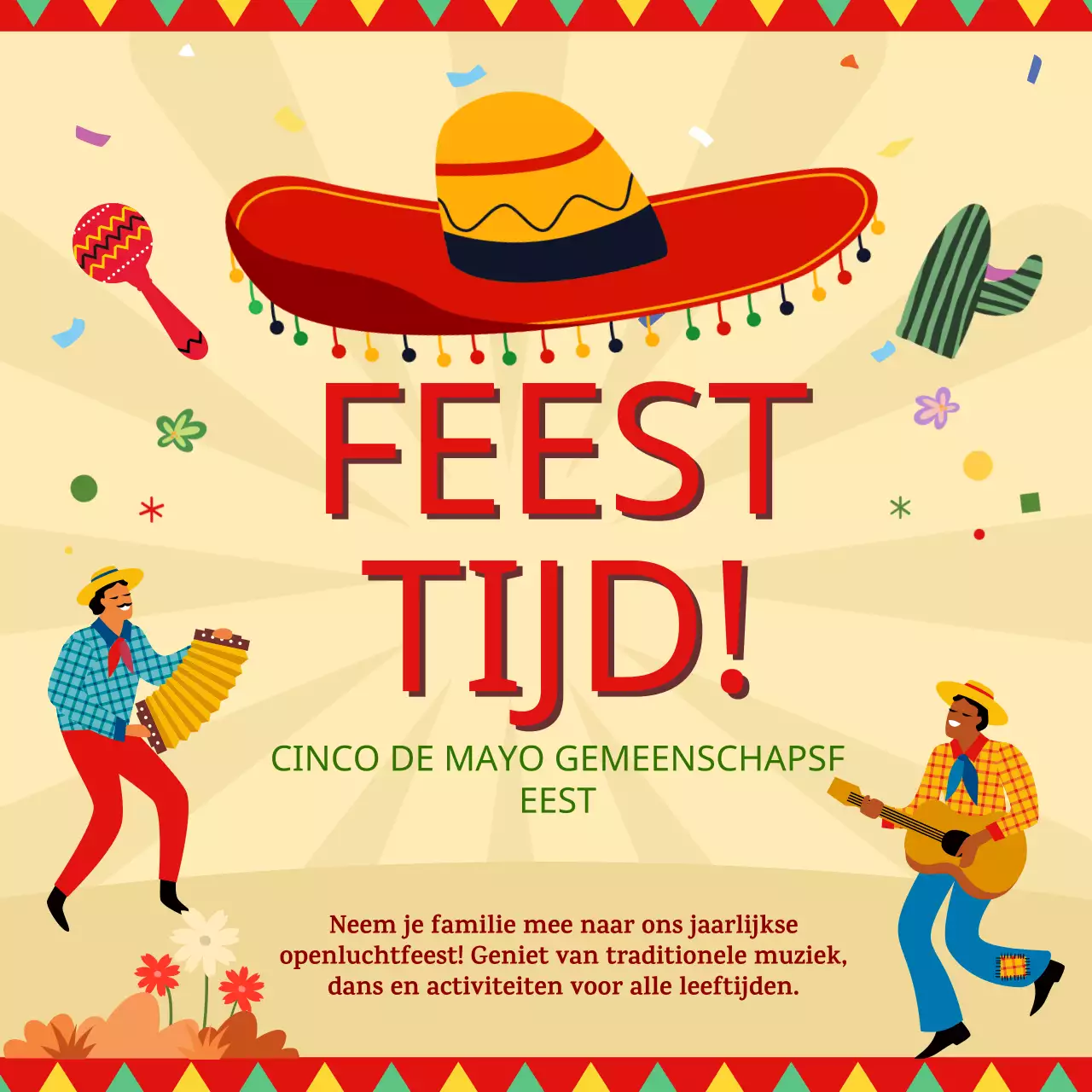 Beige en rode kitsch Cinco de Mayo-gemeenschapsevenementpubliciteit