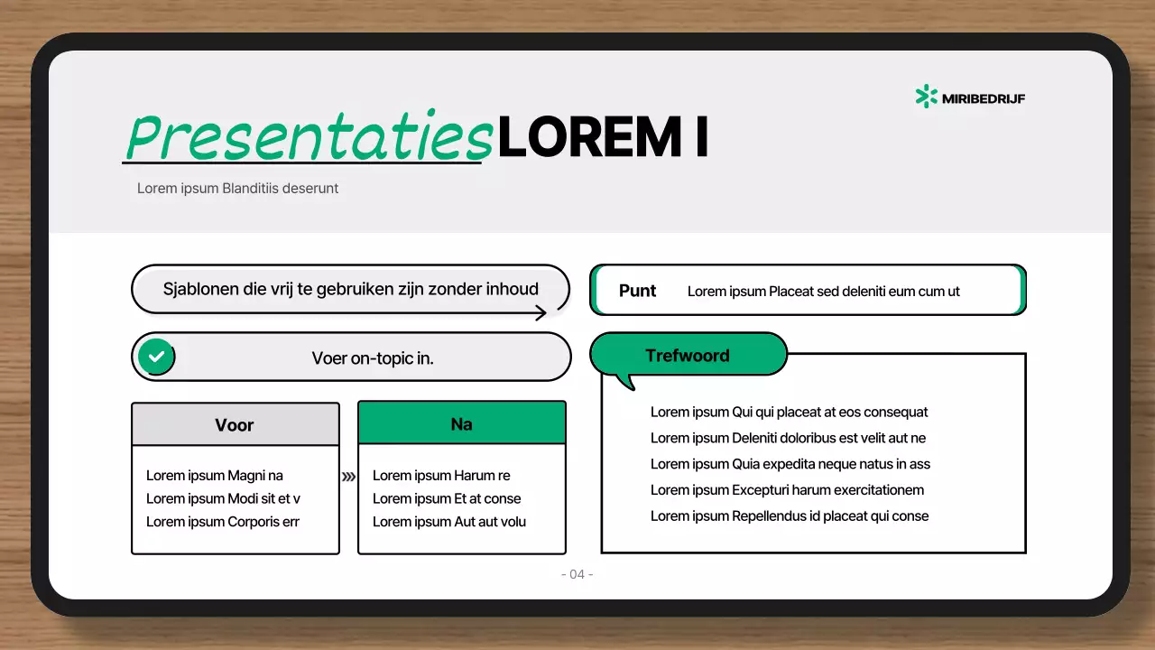 Presentatie met een eenvoudige groene en grijze achtergrond en alleen elementen