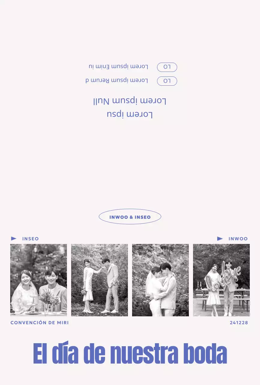 Una invitación con un concepto fotográfico de cuatro cortes en blanco y negro con un tipo de letra limpio