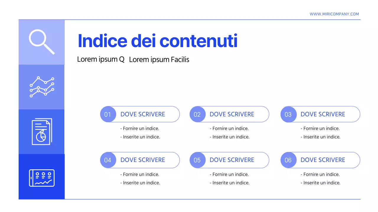 Un semplice modello di relazione sull'organizzazione delle informazioni in bianco e blu