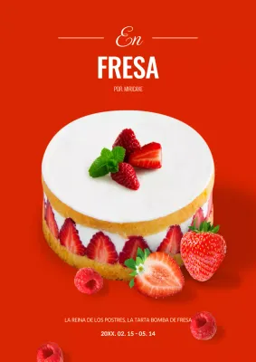 Sencillo anuncio de tarta de fresas en rojo y blanco