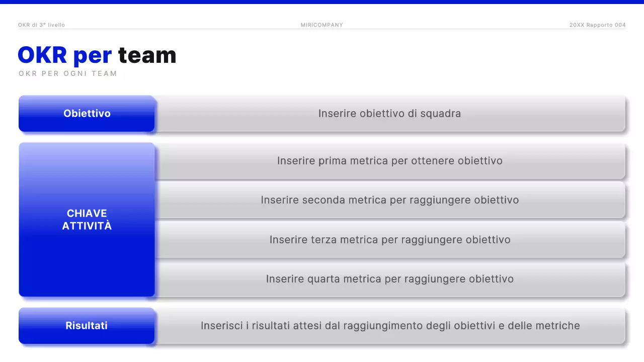 Un moderno rapporto OKR in blu e bianco