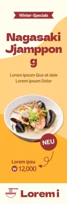 Einführung und Werbung für warme Wintergerichte mit orangefarbenem Hintergrund