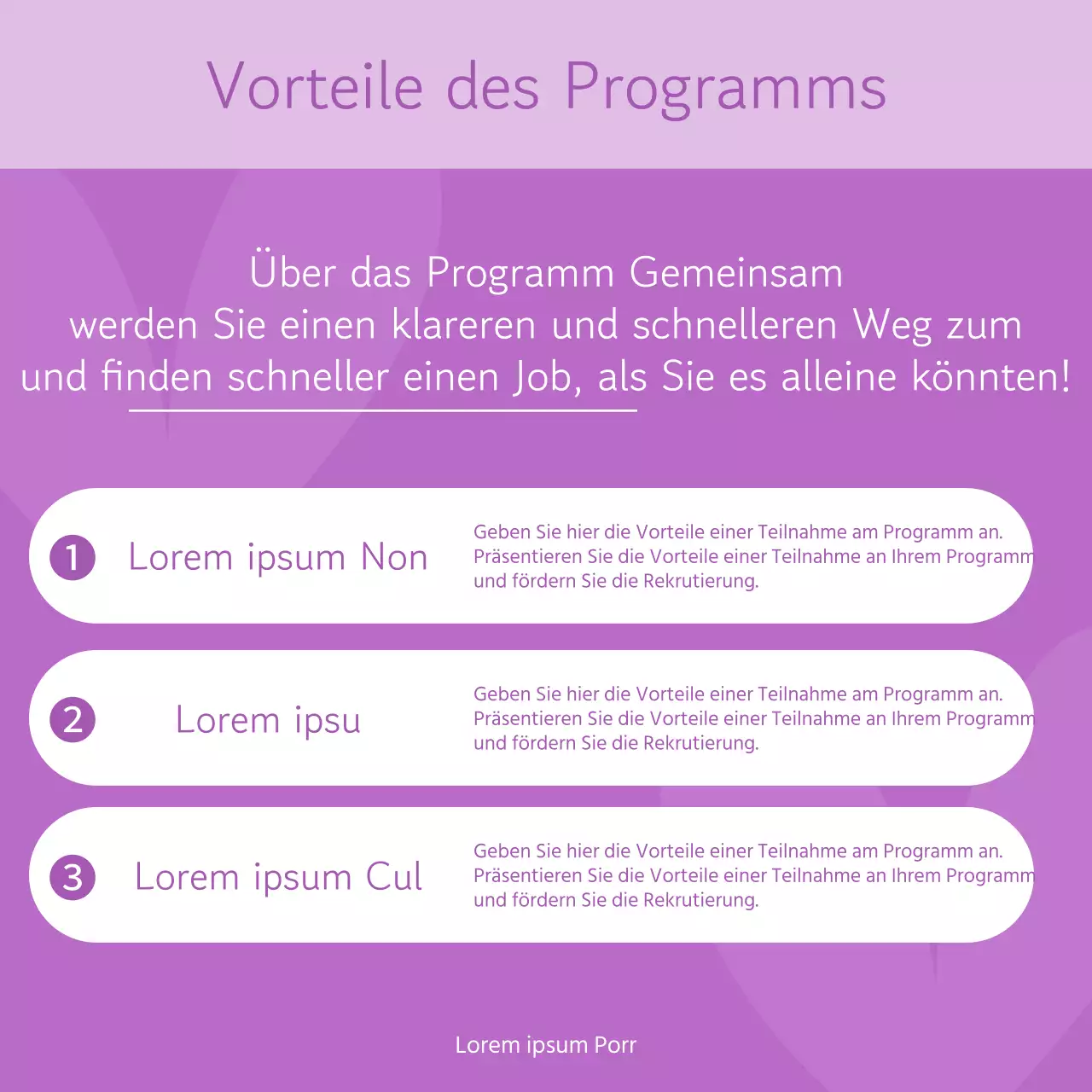 Ein schlichter lilafarbener und violetter Vorschlag für ein Programm zur Förderung der beruflichen Entwicklung von Frauen