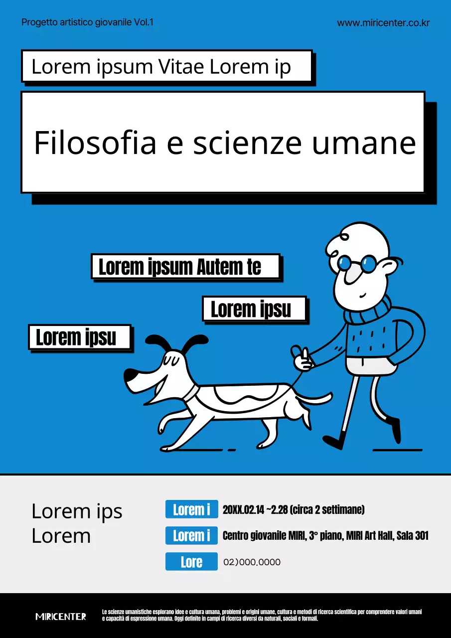 Cercasi studenti di filosofia e scienze umane in blu e grigio kitsch.