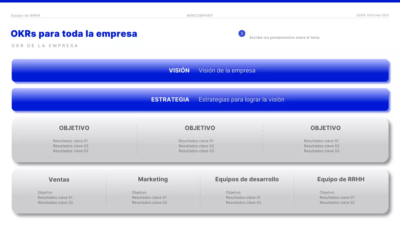 Informe OKR moderno en azul y blanco