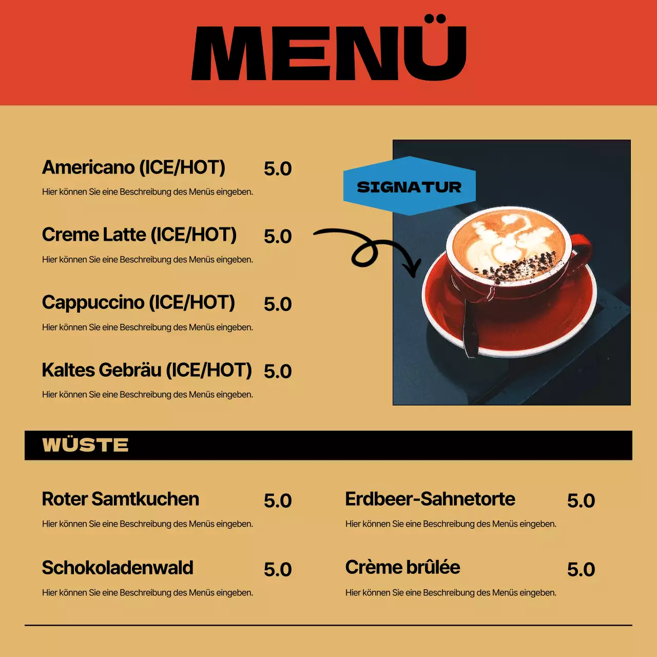 Werbung für ein Café im Vintage-Stil in Gelb und Rot