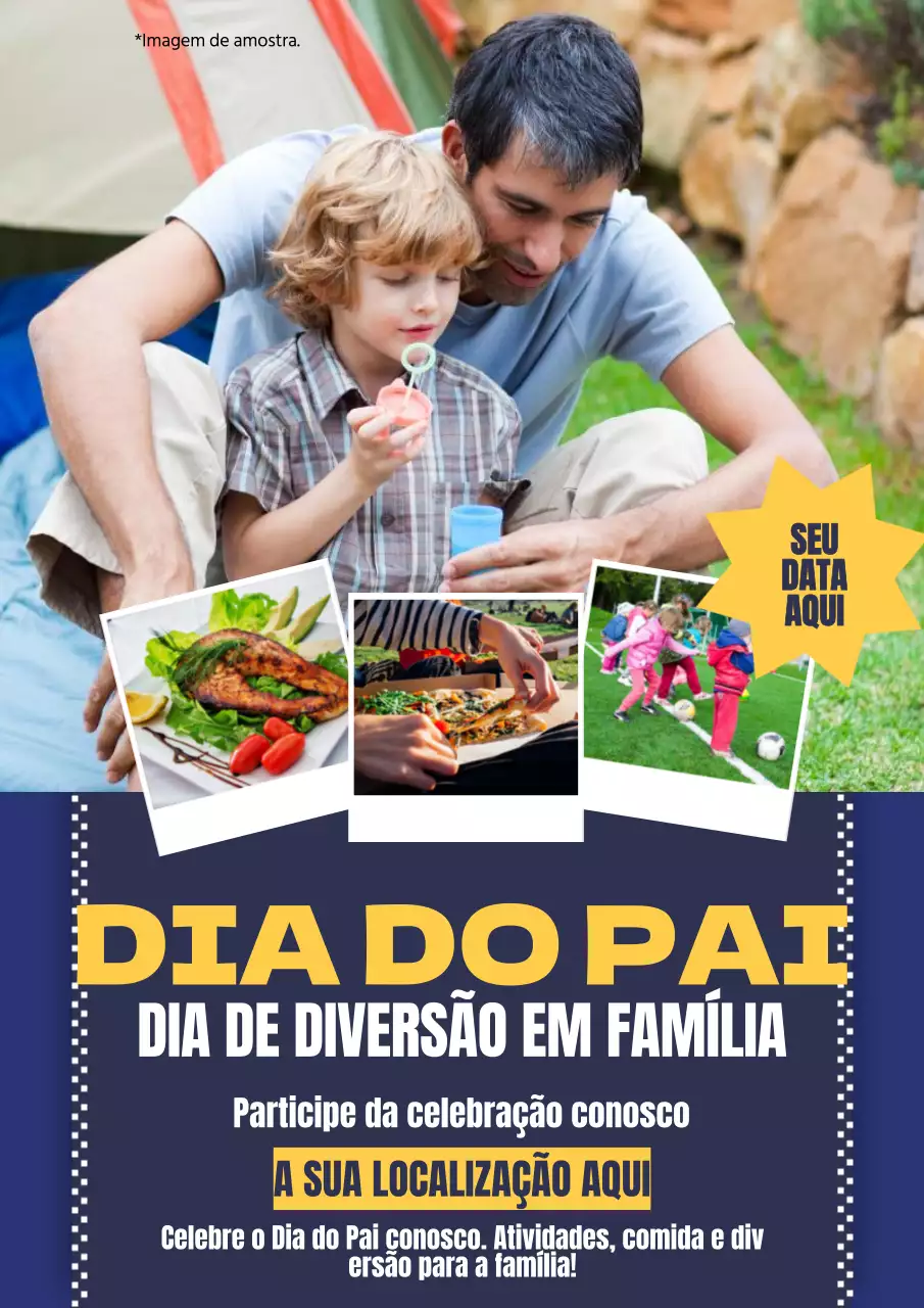 Publicidade do evento do Dia do Pai na moda em azul-marinho e amarelo