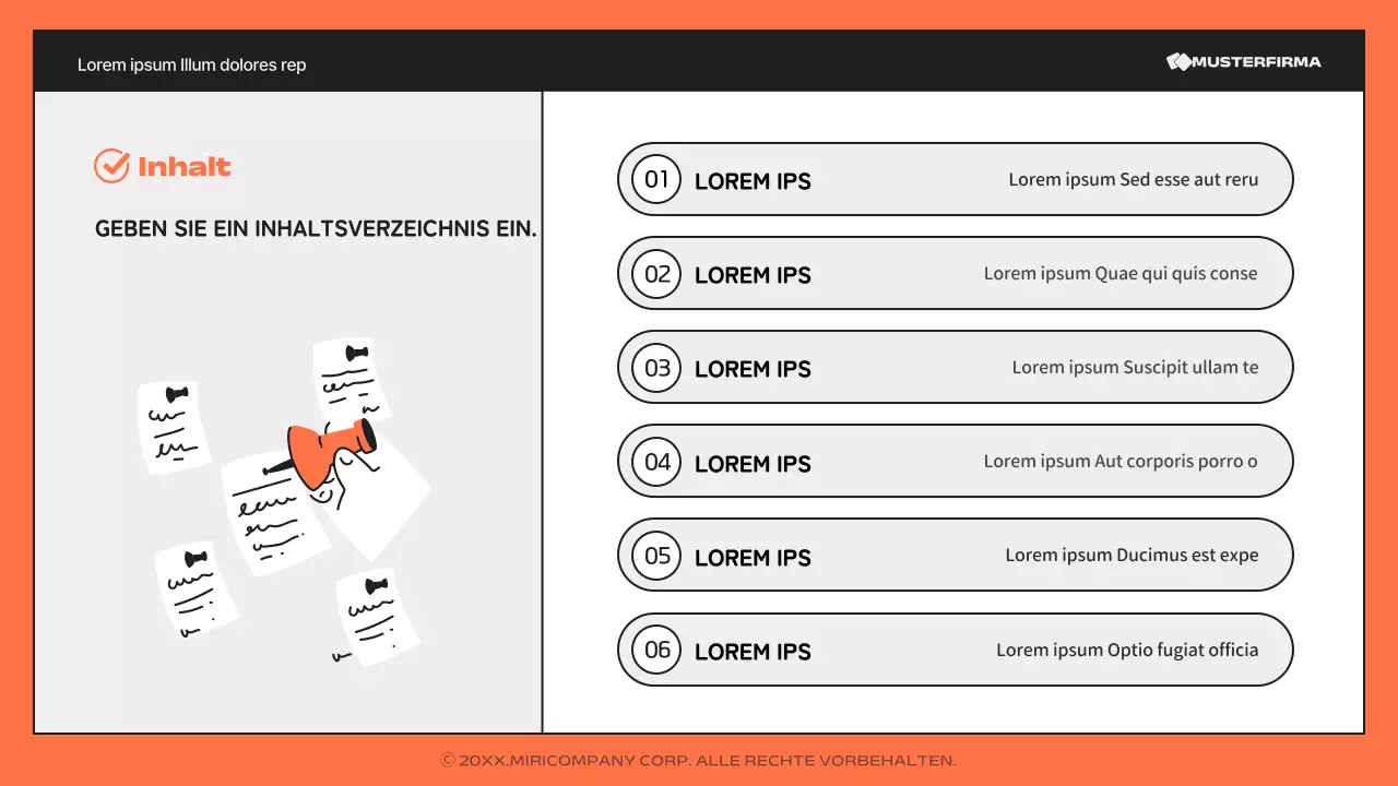 Ein einfacher, orange-schwarzer Bericht mit vielen Informationen