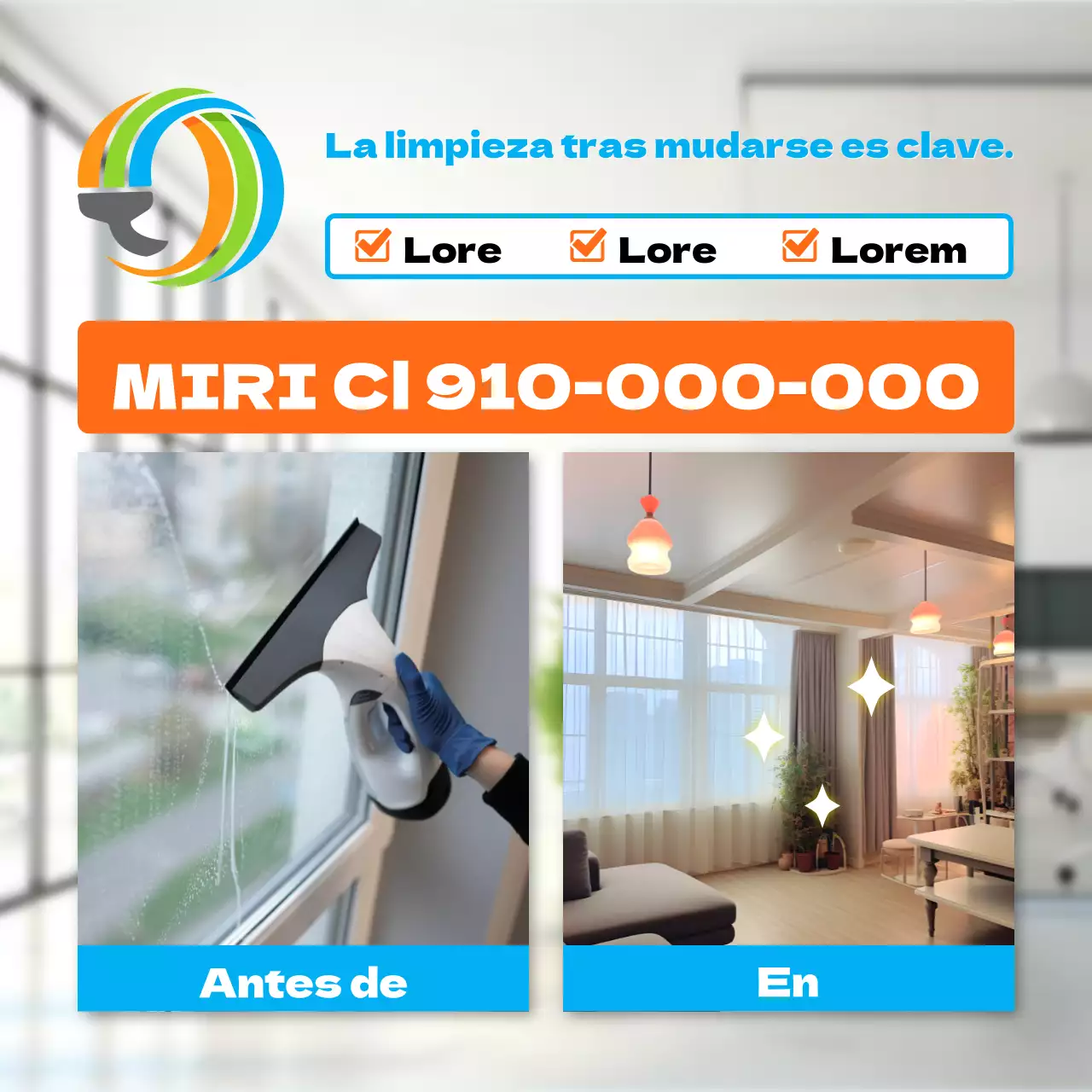 Moderno anuncio de servicio de limpieza en naranja y azul claro