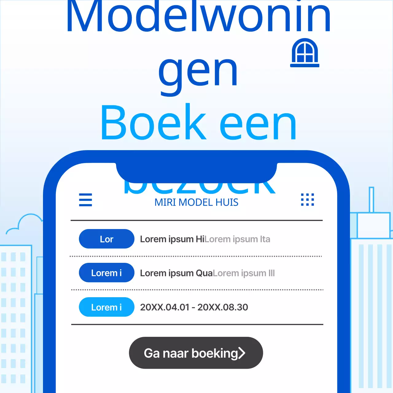 Afspraken promoten om de blauwe en eenvoudige modelwoning te bezoeken