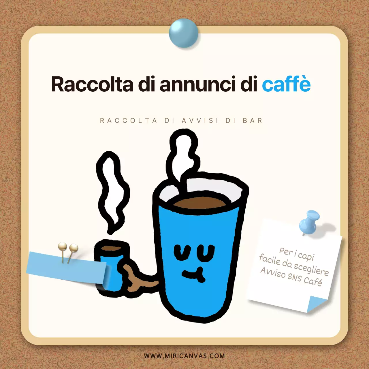 Una collezione di simpatici avvisi di caffè in beige e azzurro.