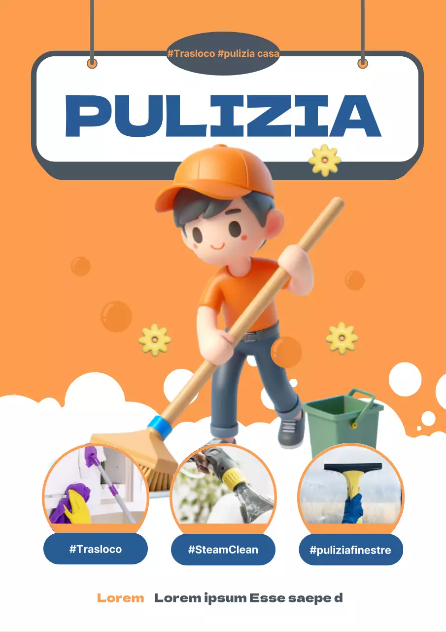 Pubblicità di un'impresa di pulizie moderna in arancione e blu navy.