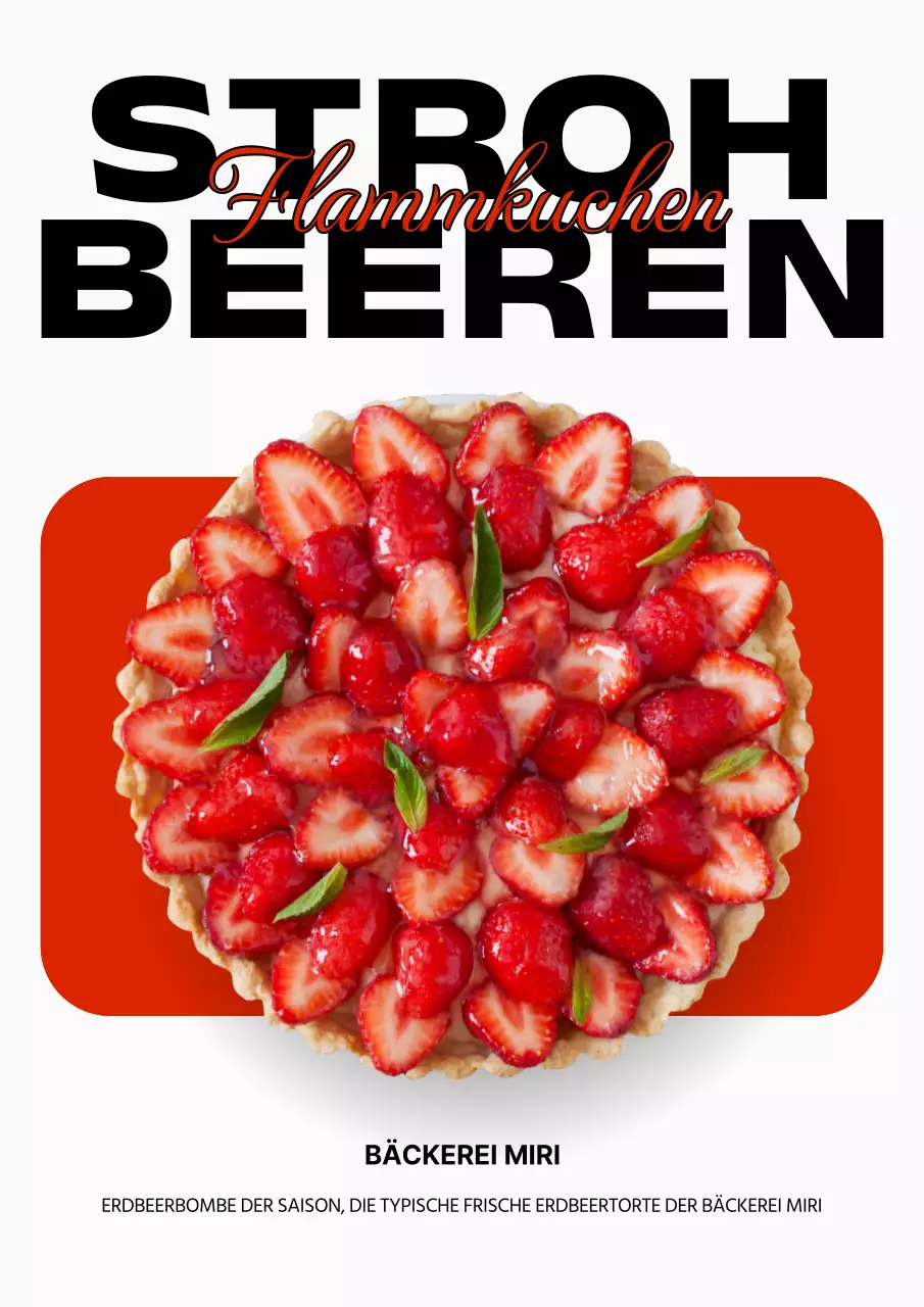 Werbung für eine minimalistische Erdbeertorte in Rot und Schwarz