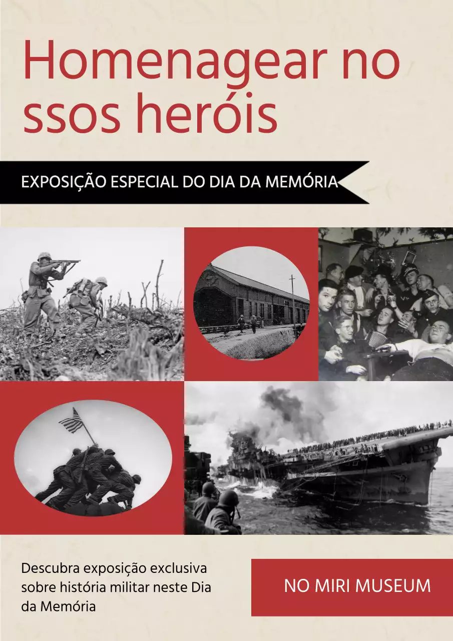 Anúncio geométrico vermelho e bege da exposição do Dia da Memória