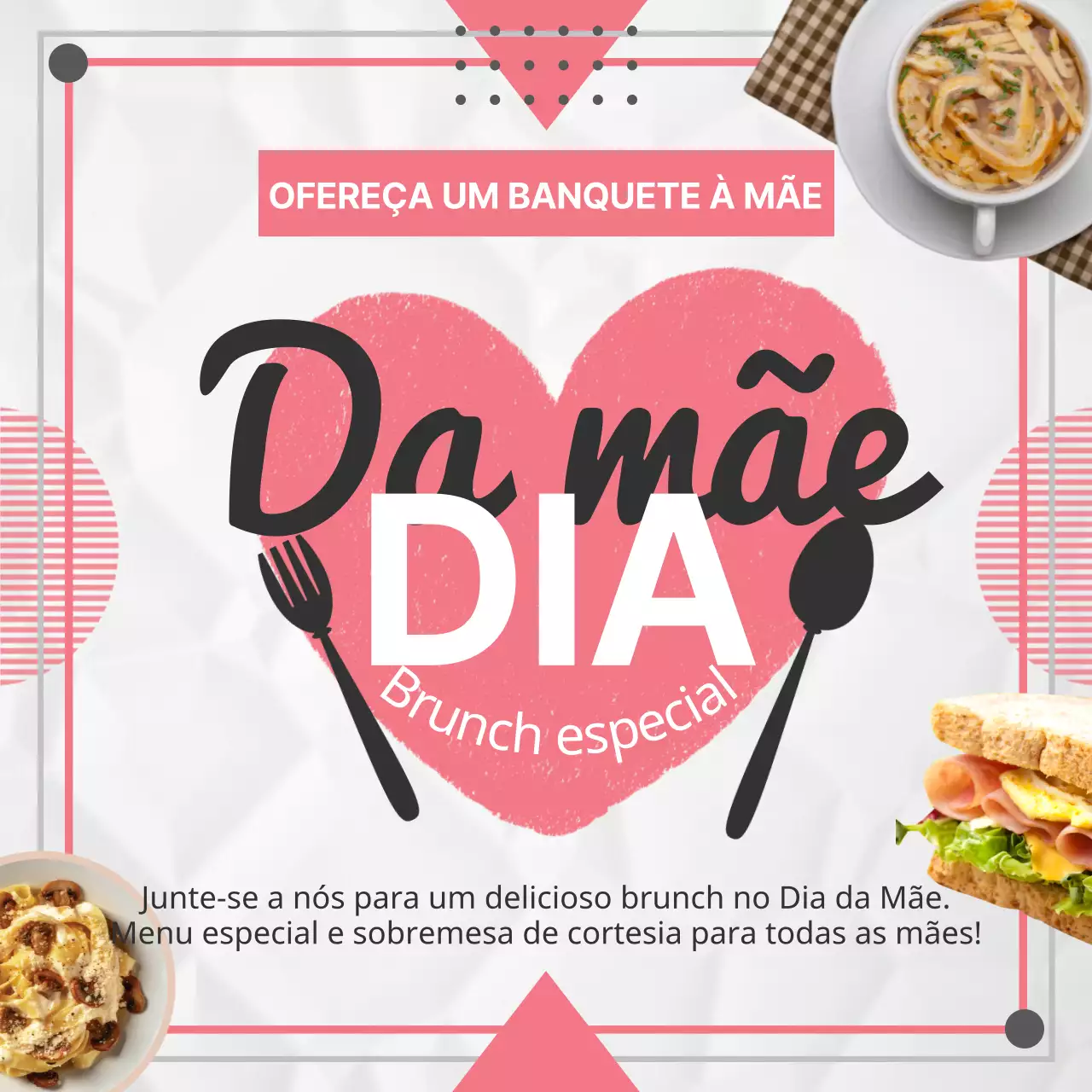 Anúncio de evento de brunch rosa e branco para o Dia da Mãe