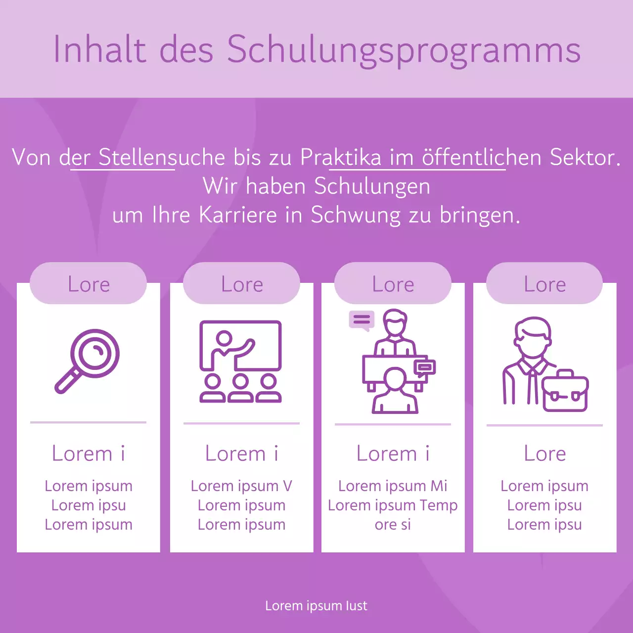 Ein schlichter lilafarbener und violetter Vorschlag für ein Programm zur Förderung der beruflichen Entwicklung von Frauen