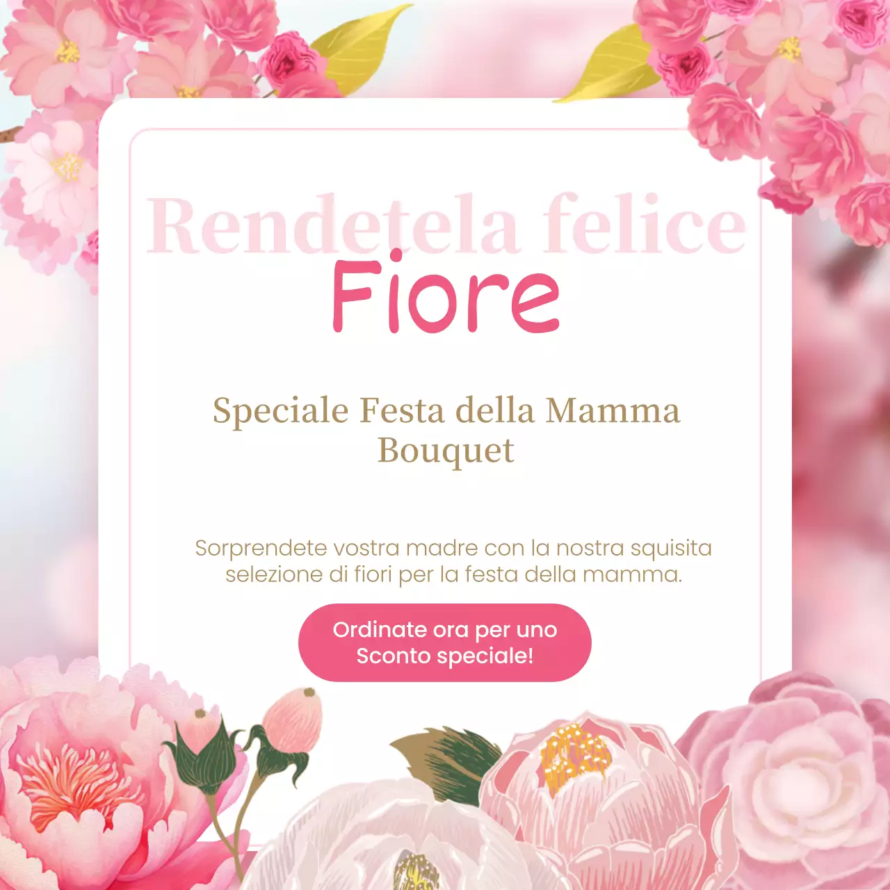 Pubblicità floreale classica per la festa della mamma in bianco e rosa