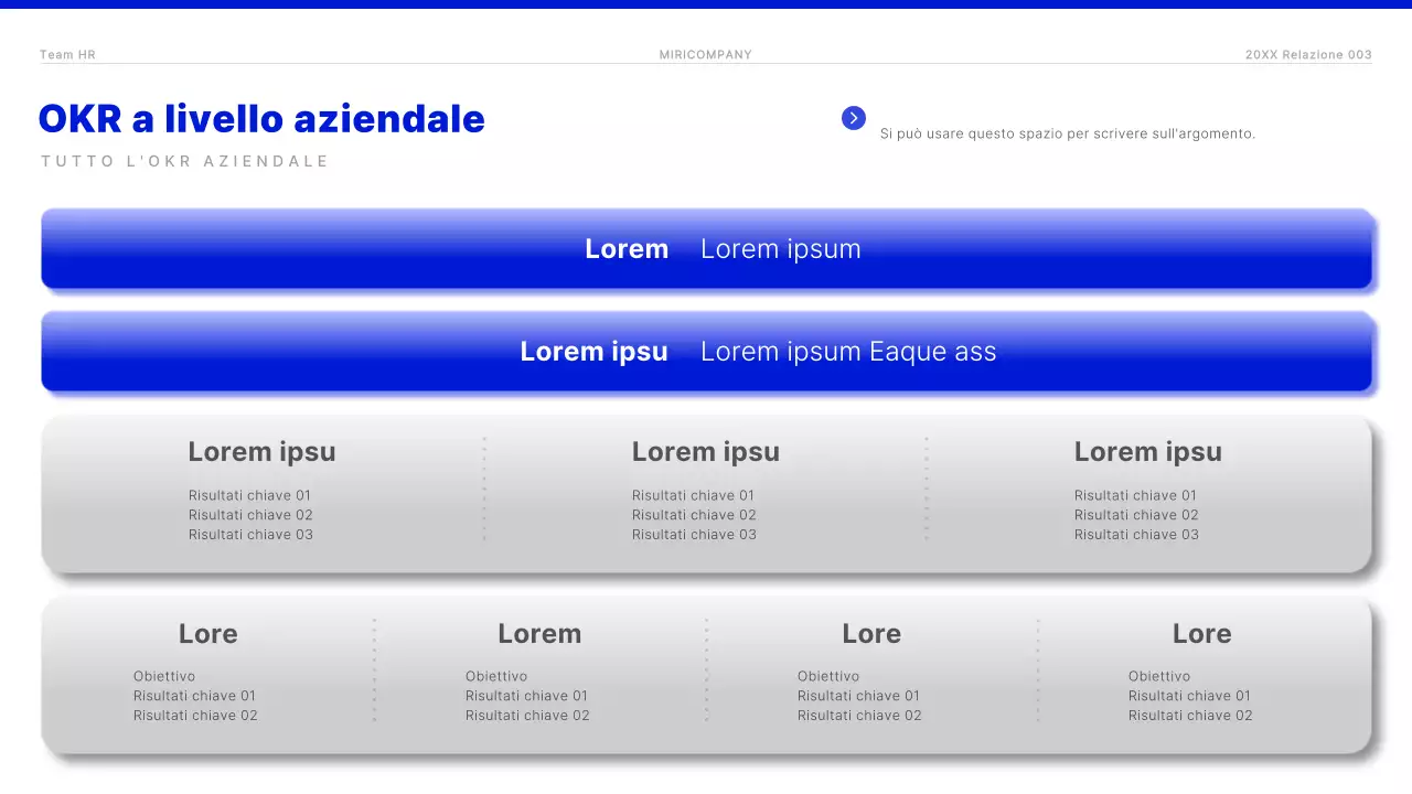 Un moderno rapporto OKR in blu e bianco