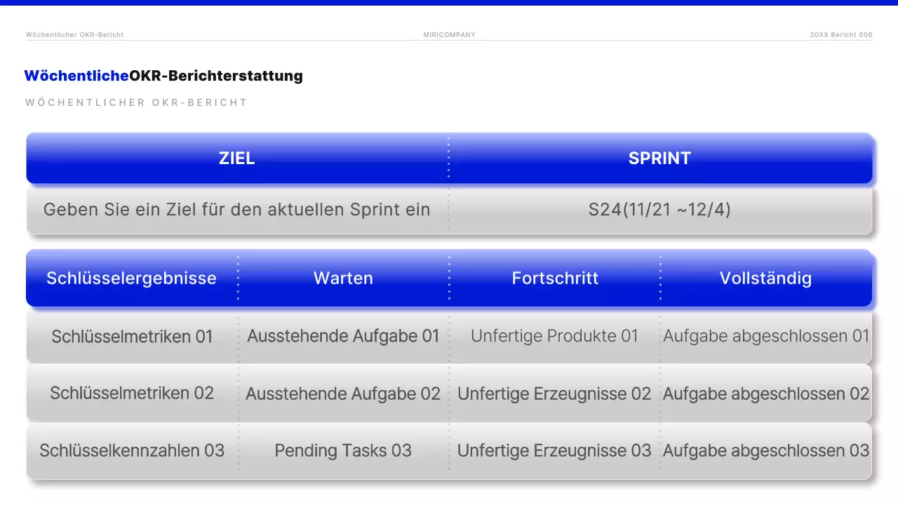Moderner OKR-Bericht in Blau und Weiß