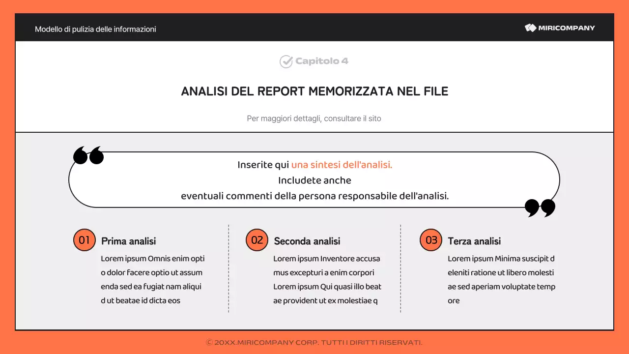Un semplice report arancione e nero, ricco di informazioni