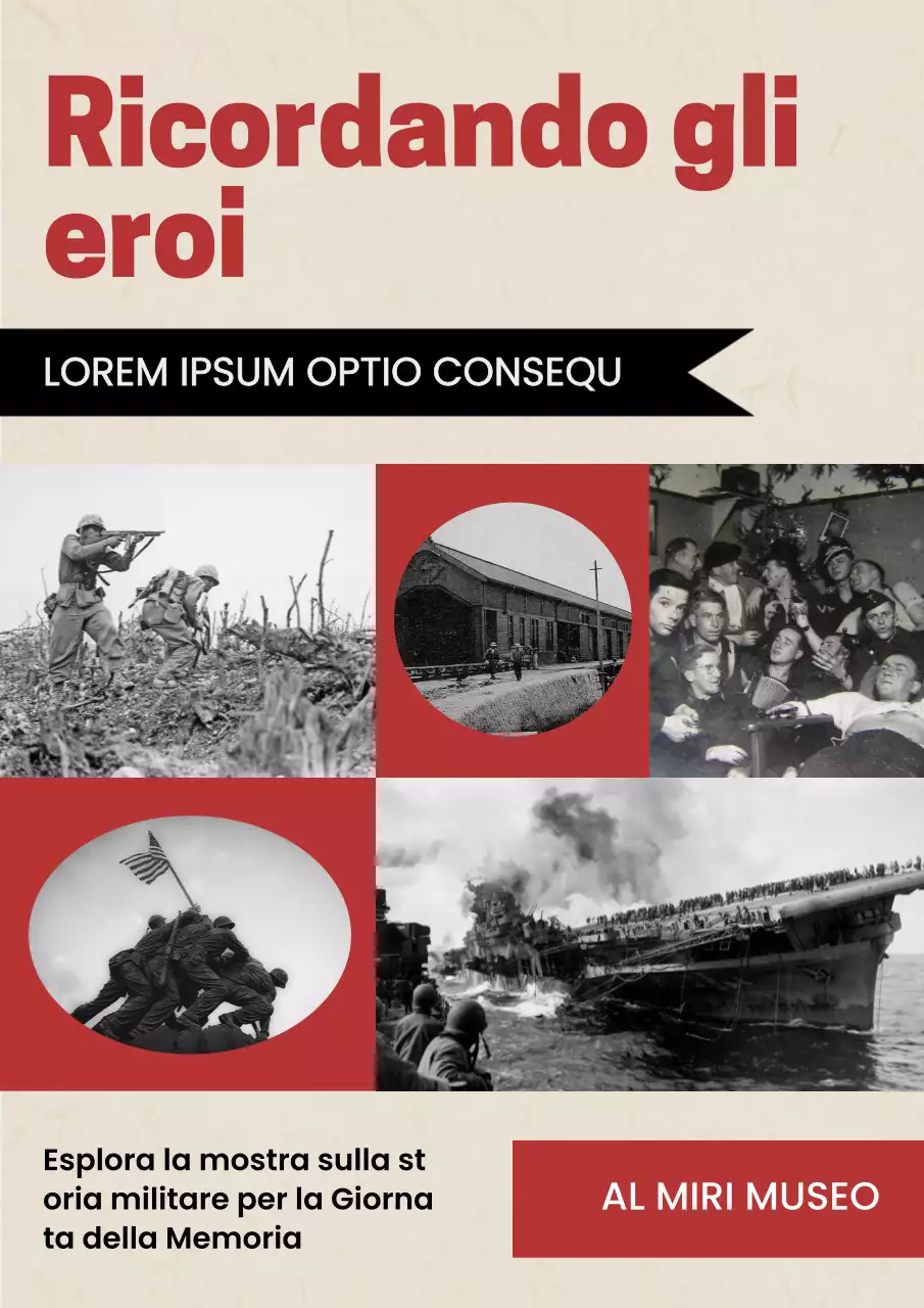 Pubblicità geometrica rossa e beige della mostra sulla Giornata della Memoria