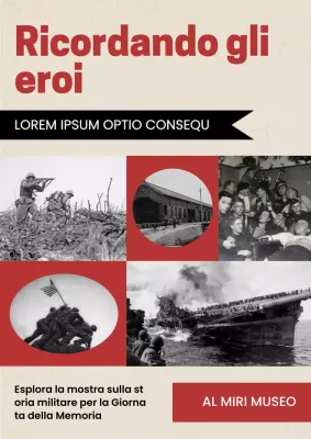 Pubblicità geometrica rossa e beige della mostra sulla Giornata della Memoria