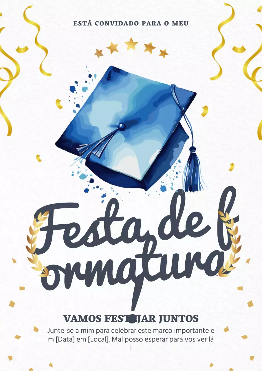 Convite de festa de formatura elegante dourado e azul