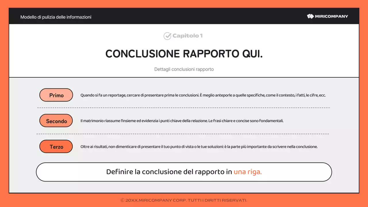 Un semplice report arancione e nero, ricco di informazioni