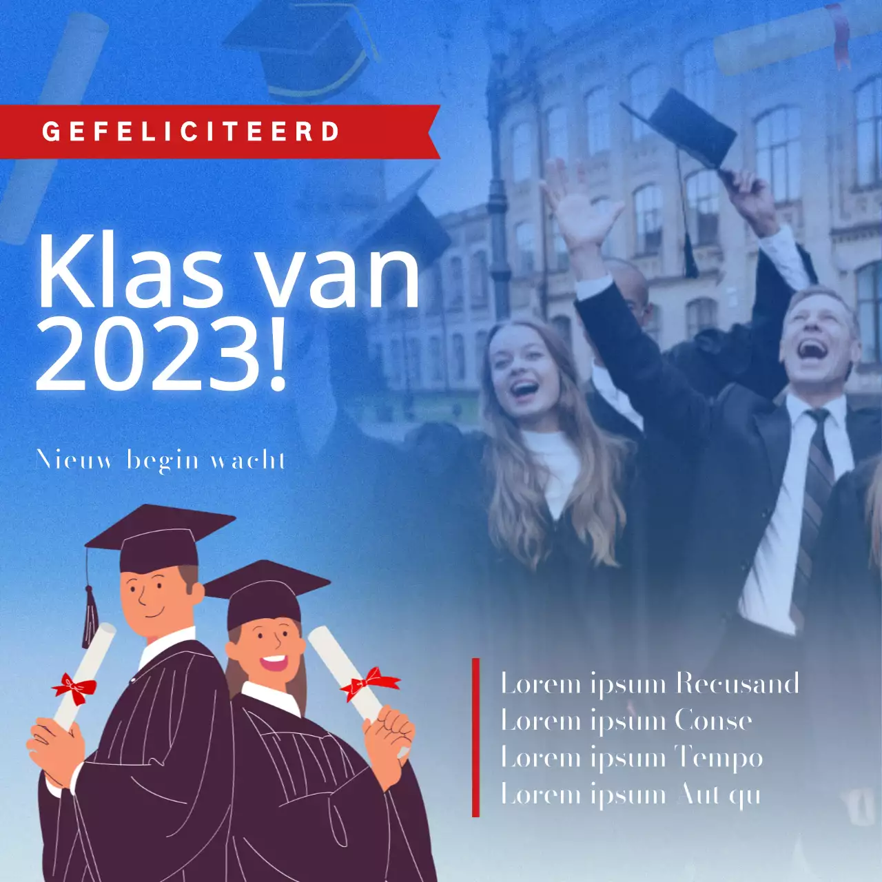 Blauw en Rood Klassiek Afstudeerseizoen Advertentie