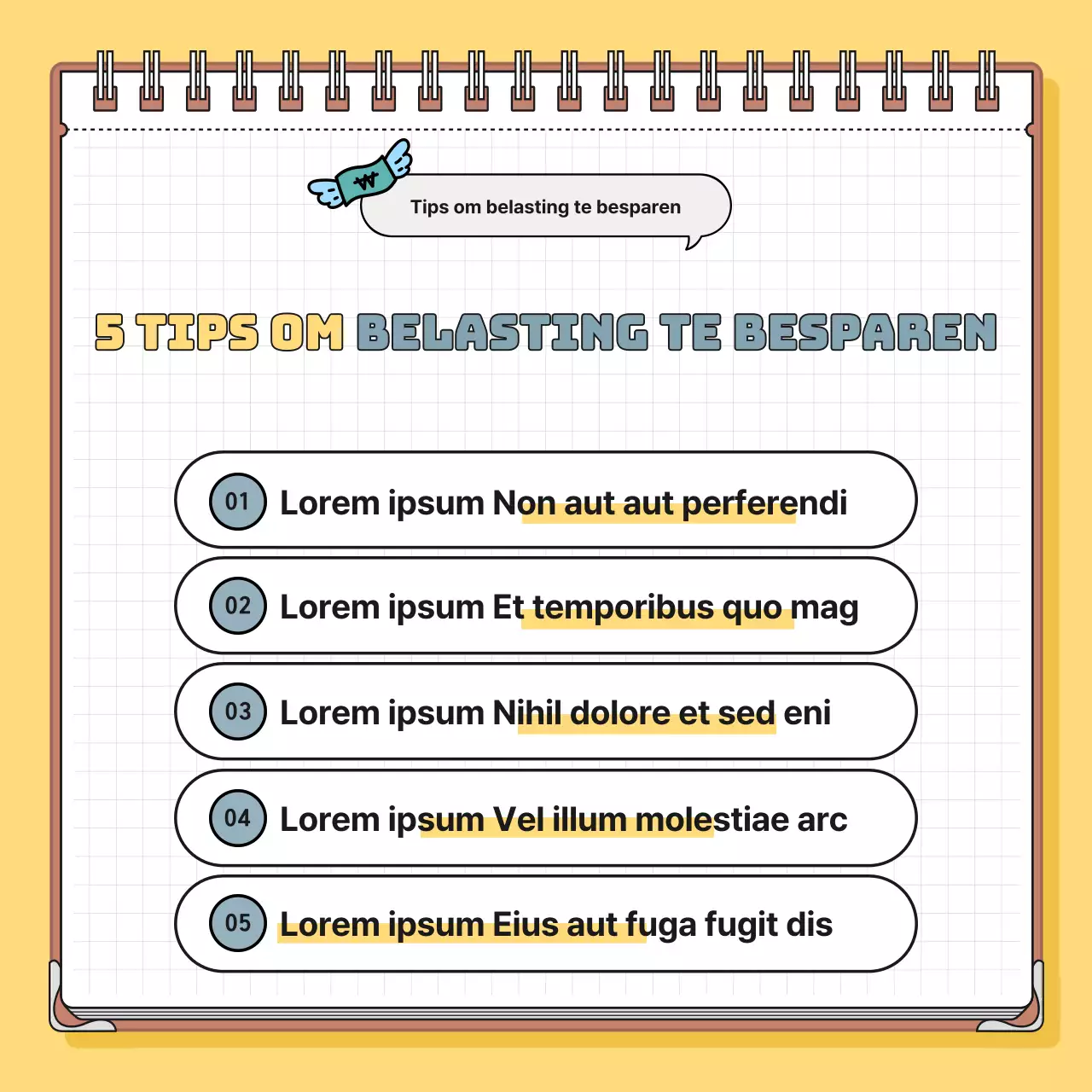 Minimalistische belastinginformatie in geel en blauw