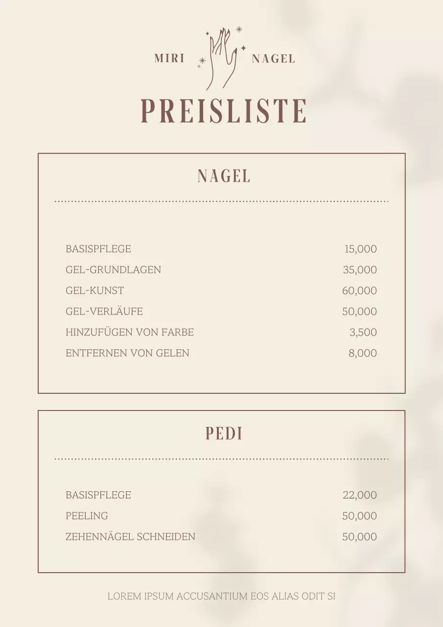 Preise für ein minimalistisches Nagelstudio mit elfenbeinfarbenen und braunen Pflanzenschatten